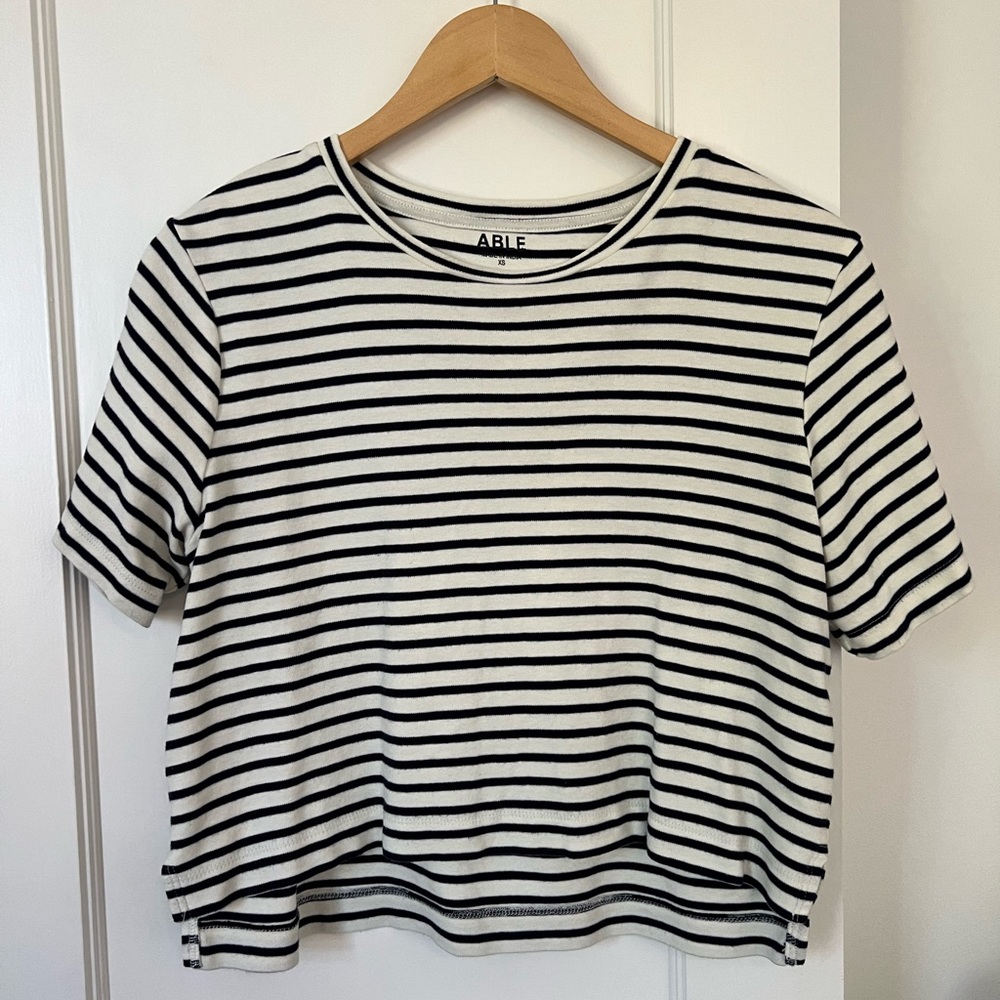 ABLE Maria Boxy Tee in Midnight/Cream Stripe, Size X-Small
